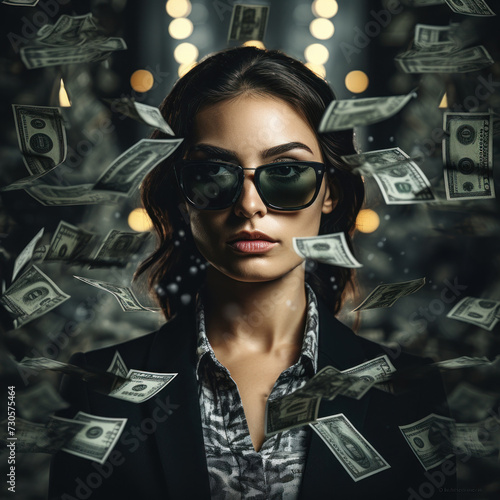 Elegant Woman with Sunglasses Surrounded by Falling Money