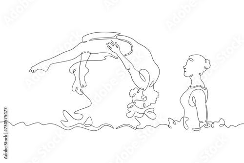 Women's synchronized swimming duet. Olympic water sport. Girls are swimming. Synchronized swimming . Women athletes. One continuous line drawing. Linear. Hand drawn, white background. One line