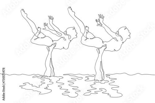 Women's synchronized swimming duet. Olympic water sport. Girls are swimming. Synchronized swimming . Women athletes. One continuous line drawing. Linear. Hand drawn, white background. One line