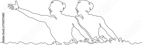 Women's synchronized swimming duet. Olympic water sport. Girls are swimming. Synchronized swimming . Women athletes. One continuous line drawing. Linear. Hand drawn, white background. One line