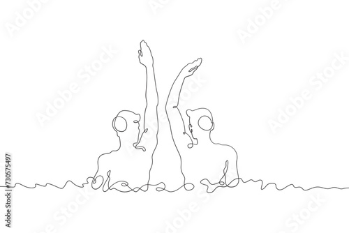 Women's synchronized swimming duet. Olympic water sport. Girls are swimming. Synchronized swimming . Women athletes. One continuous line drawing. Linear. Hand drawn, white background. One line