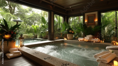 A room with a soaking tub inside a spa business © 2D_Jungle