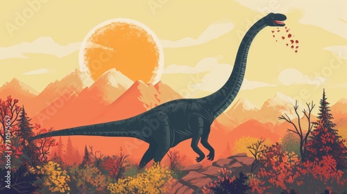 A mive diplodocus effortlessly navigating the rugged terrain of a mountain its long tail swaying behind as it chews on a mouthful of mountain foliage. © Justlight