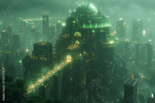 imagination futuristic cyberpunk city, city island, aerial view, abstract buildings