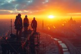 Exhausted Construction Workers in Hard Hats Taking a Break at Sunset on a High Steel Structure