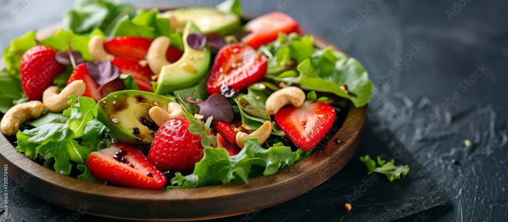 Selective focus photograph of a salad on a dark wood plate with natural light, consisting of strawberries, avocados, lettuce, and cashew nuts (Focus on the salad).