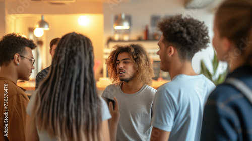 Group of multicultural friends or students having a friendly chat at a house party.  Guys and girls of various ethnicities socializing in the kitchen. Conversation, social gathering.