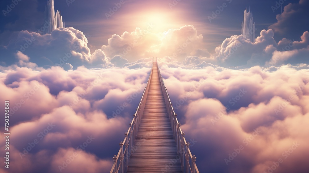 Image of bridge suspended in the clouds.
