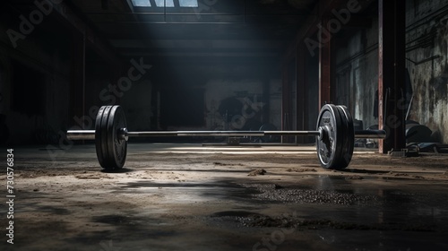 Image of barbell placed on a rugged metal floor.