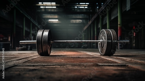 Image of barbell placed on a rugged metal floor.