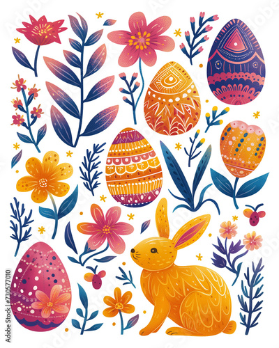 Vibrant easter illustration set with eggs, flowers, bunny, and floral patterns