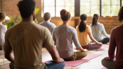 Group of casual people meditating indoors, in a bright studio with sunlight coming from the windows. Meditation, mindfulness. Men and women in a spiritual development class.