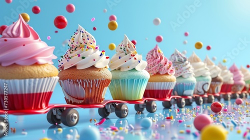 A group of competitive cupcakes racing each other on roller skates each with a different flavor as they leave a trail of sprinkles behind them.