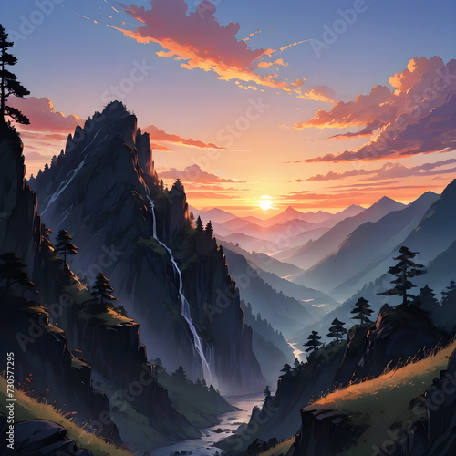 Cascading mountain silhouettes as the sunset. Anime landscape drawing photo