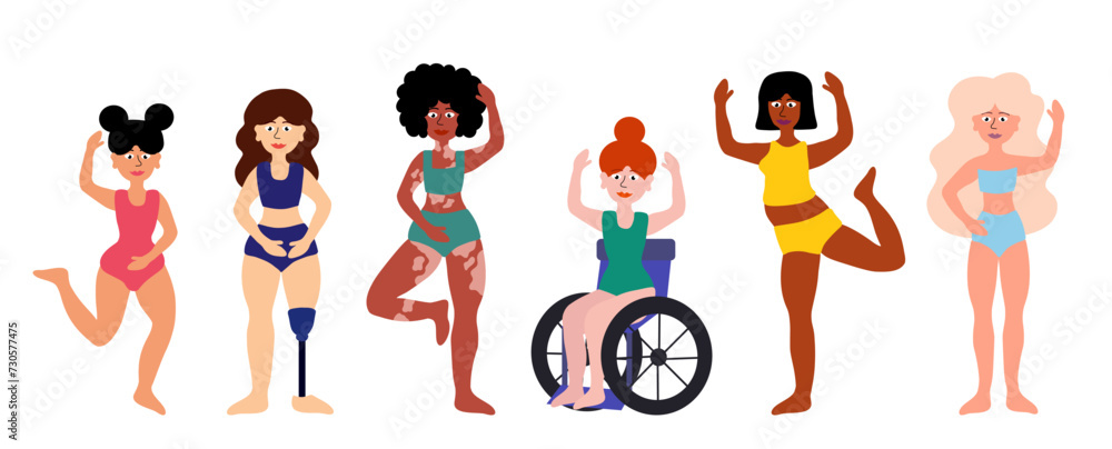 Body positive concept. Women of different ages, skin colors, ethnic groups, body types. Disability, vitiligo, prosthesis. Girls in swimsuits standing together. Cartoon flat vector illustration.