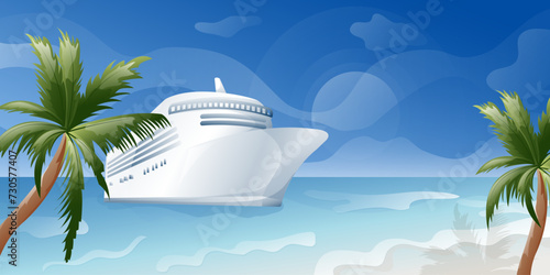 Cruise liner, tourist vacation, sea trip,summer luxury resort. Template for business cards, banners, invitations. Tourist vacation, travel. Summer, beach, sea, ship