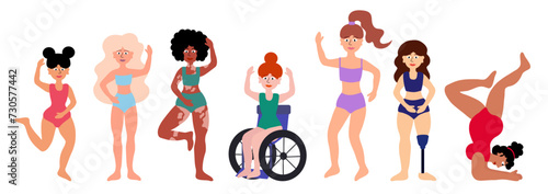 Body positive concept. Women of different ages, skin colors, ethnic groups, body types. Disability, vitiligo, prosthesis. Girls in swimsuits standing together. Cartoon flat vector illustration.