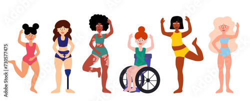 Body positive concept. Women of different ages, skin colors, ethnic groups, body types. Disability, vitiligo, prosthesis. Girls in swimsuits standing together. Cartoon flat vector illustration.