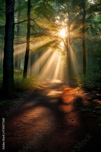 Sunbeams in the dark forest. Deep forest tree © pijav4uk