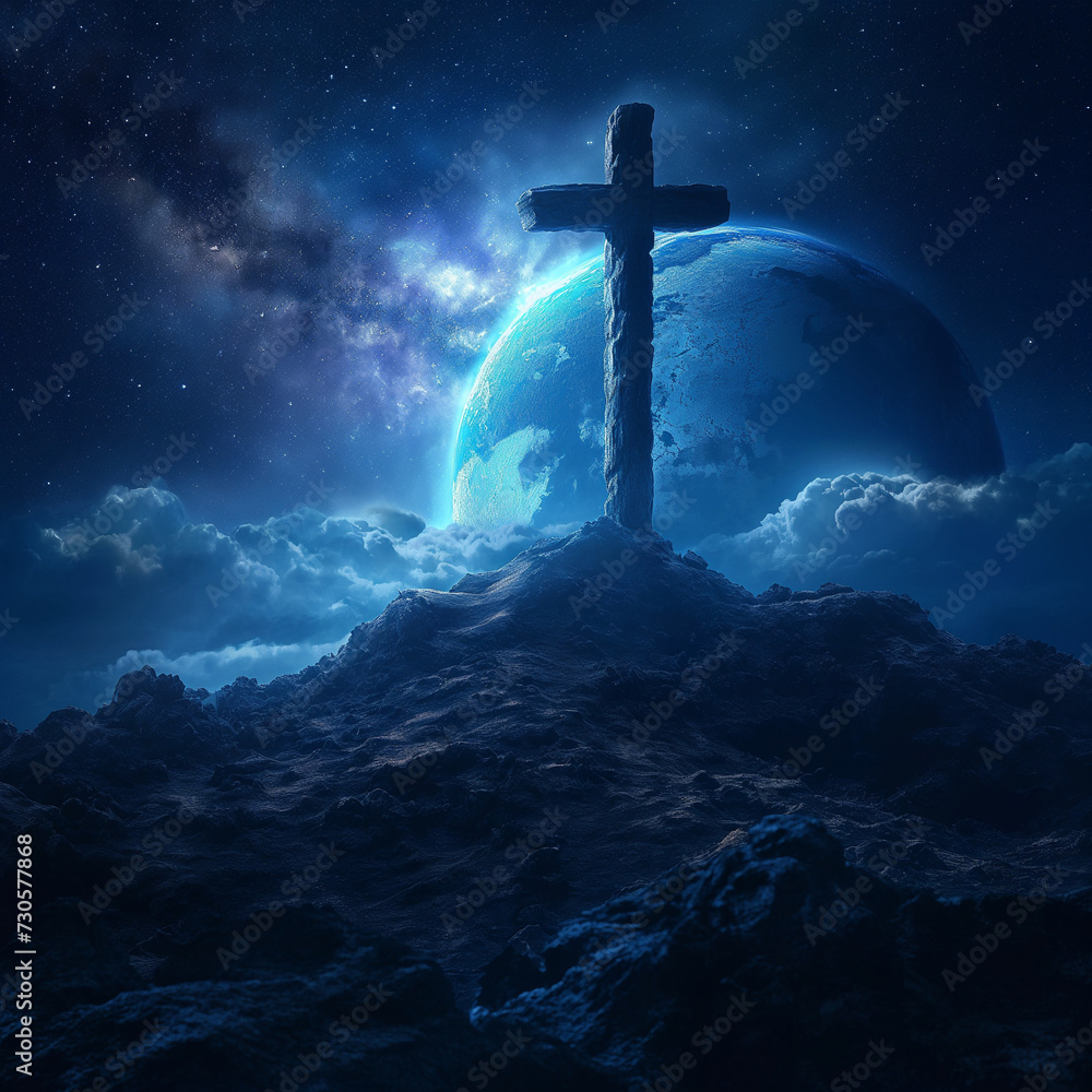 A cross rising into space There is a blue world behind. , ai generated.