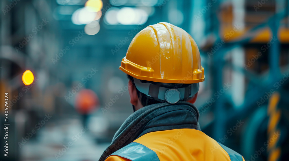 Back view of engineer with helmet looking up at site .Generative Ai Back view of engineer with helmet looking up at site .Generative Ai