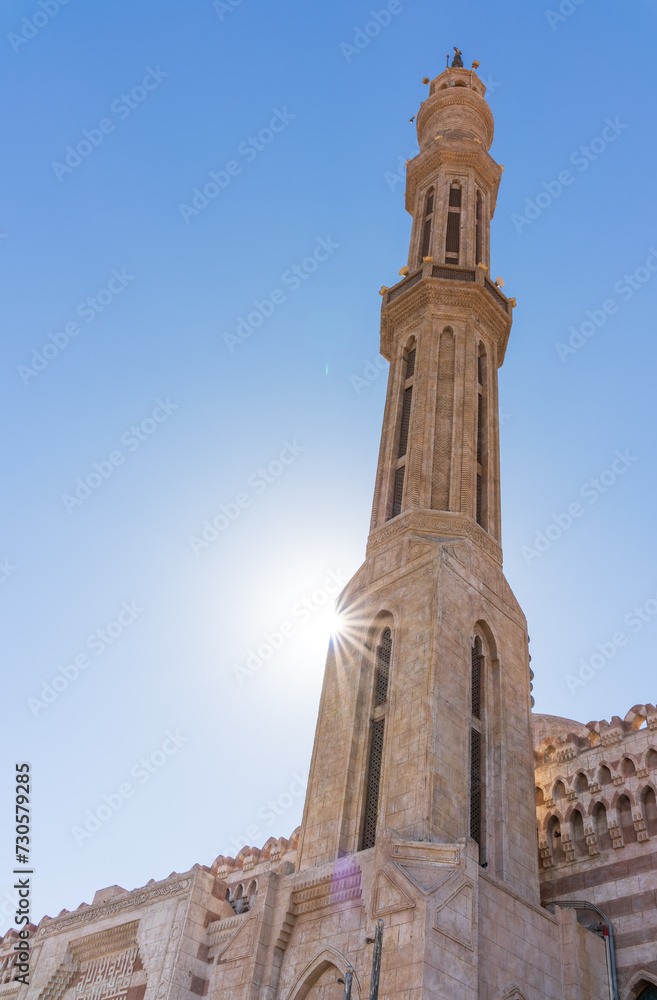 Tower of Al Mustafa Mosque in Old Town of Sharm El Sheikh in Egypt, at sunset