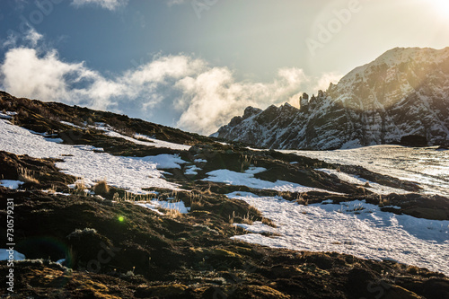 Obraz na płótnie Sun setting behind the mountain of the Andes mountain range. Ushuaia w salonie