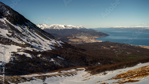 View of Ushuaia from the heights of a snowy hill