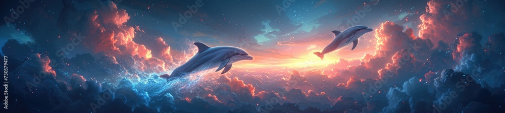 Obraz premium smiling dolphins leaping through a sky filled (2) 