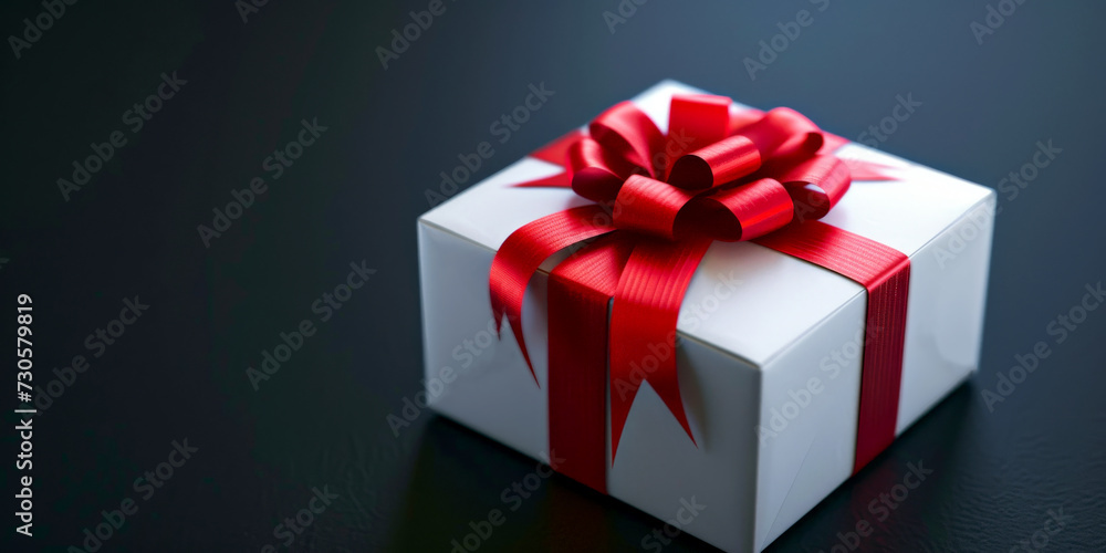 Fototapeta premium White gift box with red ribbon in black background. Generative AI