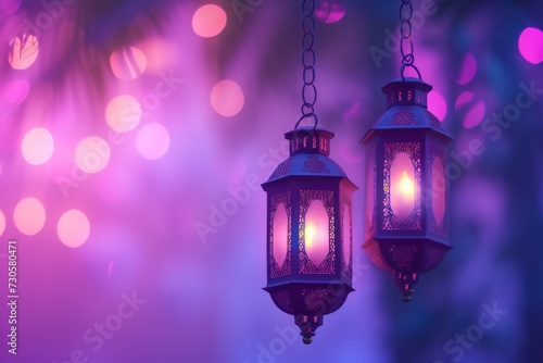 a Ramadan lantern on a purple pastel background. Ramadan day celebration. generative ai