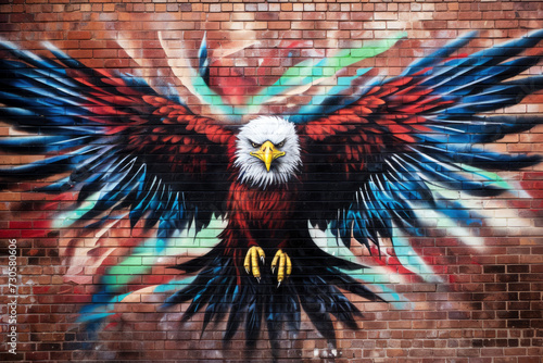 Image of a bald eagle on a brick wall. Street art.