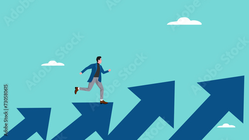 success step to achieve business goal, the way to achieve goal, business growth followed by a lot of income for career success and financial freedom, businessman running up the upward arrow concept