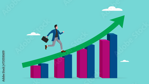 business growth followed by a lot of income for career success and financial freedom, journey to career success or business growth, profit performance, businessman running up on growth graph