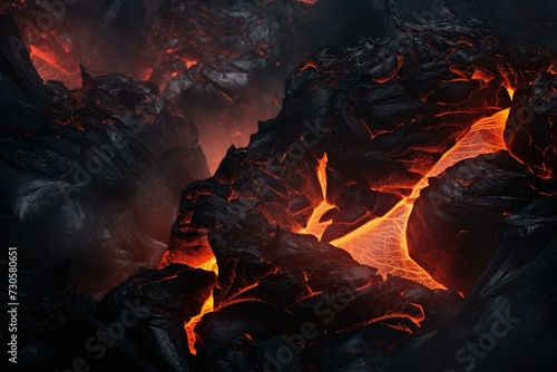 A lava flow is seen in the dark. Generative AI.