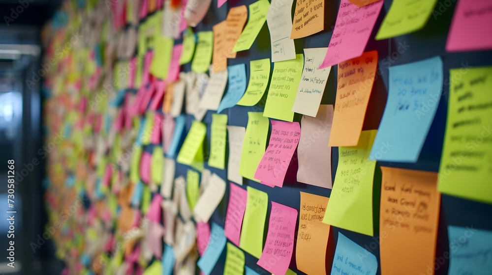 Wall Full Of Post-It Notes.  (Generative AI).