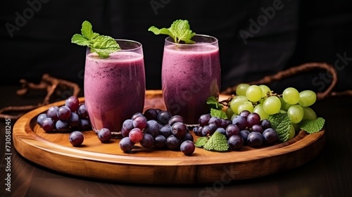 Two glasses of fresh fruit smoothie with blueberries, grapes and mint on a wooden board