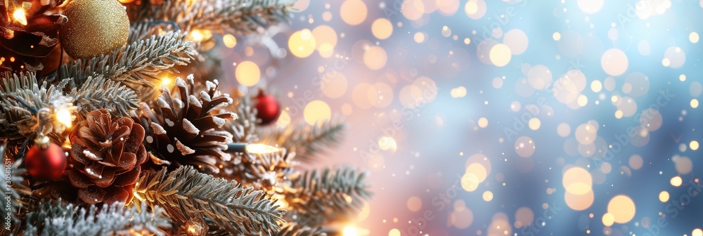 Festive Christmas tree adorned with baubles and lights amidst a magical snowfall and bokeh background. Festive Christmas tree adorned with baubles and lights amidst a magical snowfall and bokeh background.