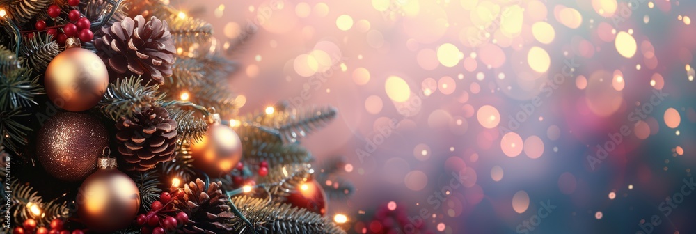Festive Christmas tree adorned with  baubles and lights amidst a magical snowfall and bokeh background.