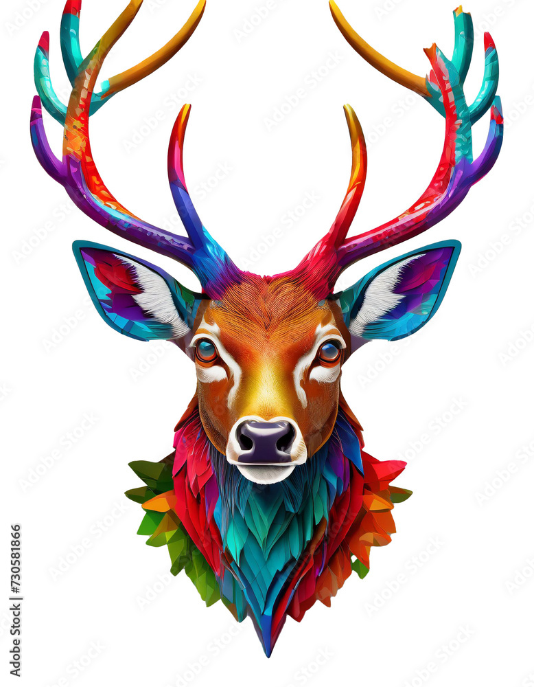 High quality, logo style, 3d, powerful colorful deer face logo facing forward, isolate background