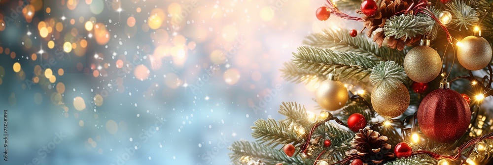 Obraz premium Festive Christmas tree adorned with baubles and lights amidst a magical snowfall and bokeh background.