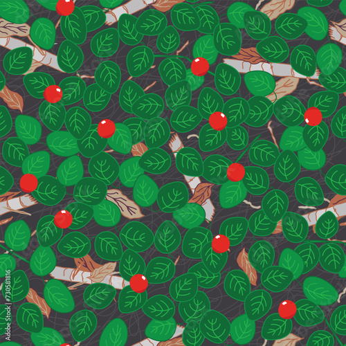 Partridge Berries, also Known as Mitchella repens, Grow Red Berries with Bright Green Round Leaves on the Boreal Forest Floor in the Tiaga Bogs now Creating a Lovely Vector Repeat Seamless Pattern.