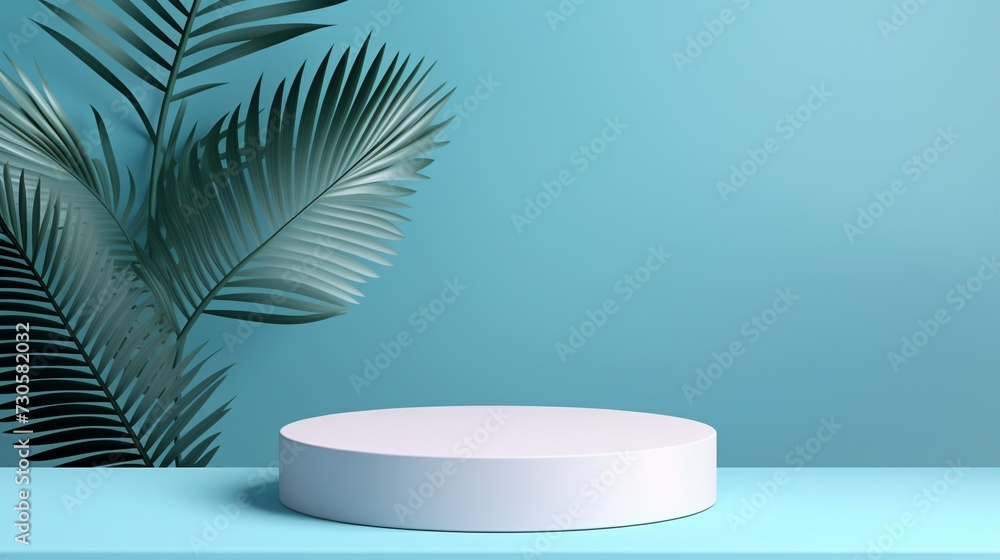 Minimal scene with white podium and palm leaves. Minimal scene with white podium and palm leaves.