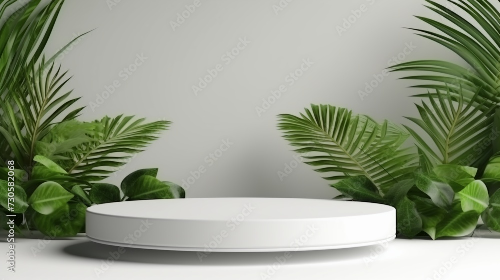 3d render of white podium for product presentation with tropical leaves.