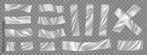 Transparent tape. Clear plastic paper stickers, sticky adhesive film, overlay sellotape texture, isolated patches collection. Crumpled glue plastic strips, paper texture. Vector isolated 3d set