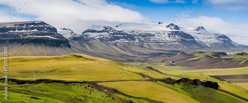 Icelandic landscape. Panorama of green meadows and volcanic mountains.