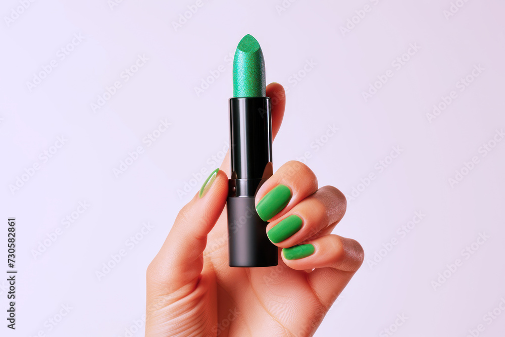 Hand holding green lipstick isolated on white background, beauty Hand holding green lipstick isolated on white background, beauty