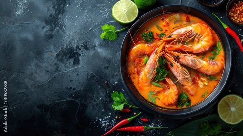 Thai food; tom yum kung or river prawn spicy soup, realistic, HD, copy space - generative ai