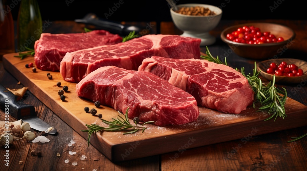 Image of variety of raw meat steaks on a wooden board.
