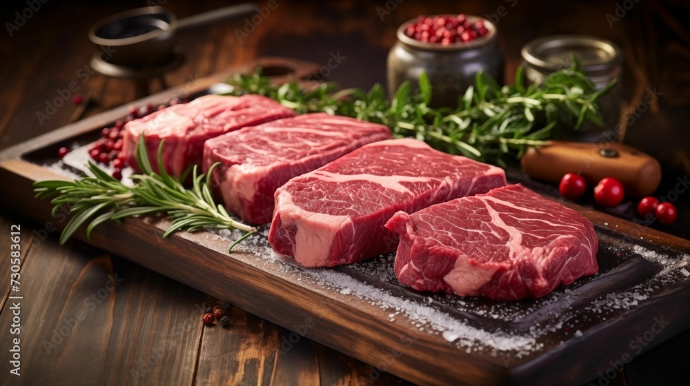 Image of variety of raw meat steaks on a wooden board.